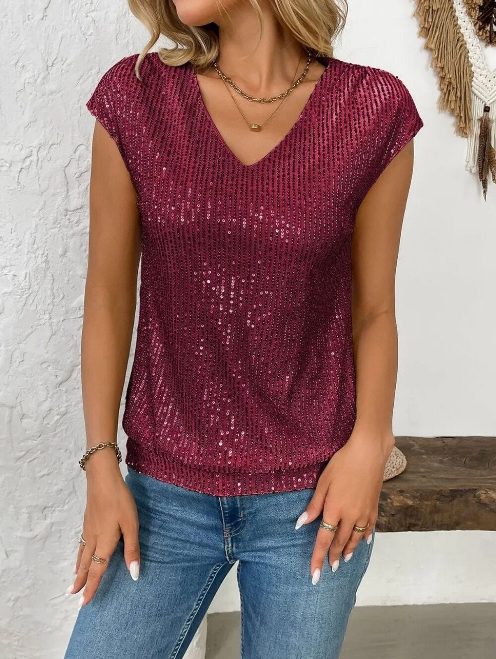 Burgundy Sequin V-Neck Top